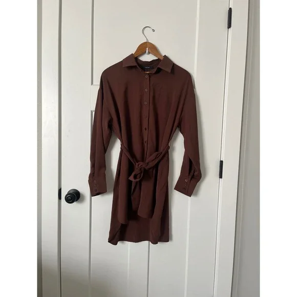 Forever 21 Women Brown Long Sleeve Button Down Belted Shirt Dress Size S Small - Picture 4 of 5